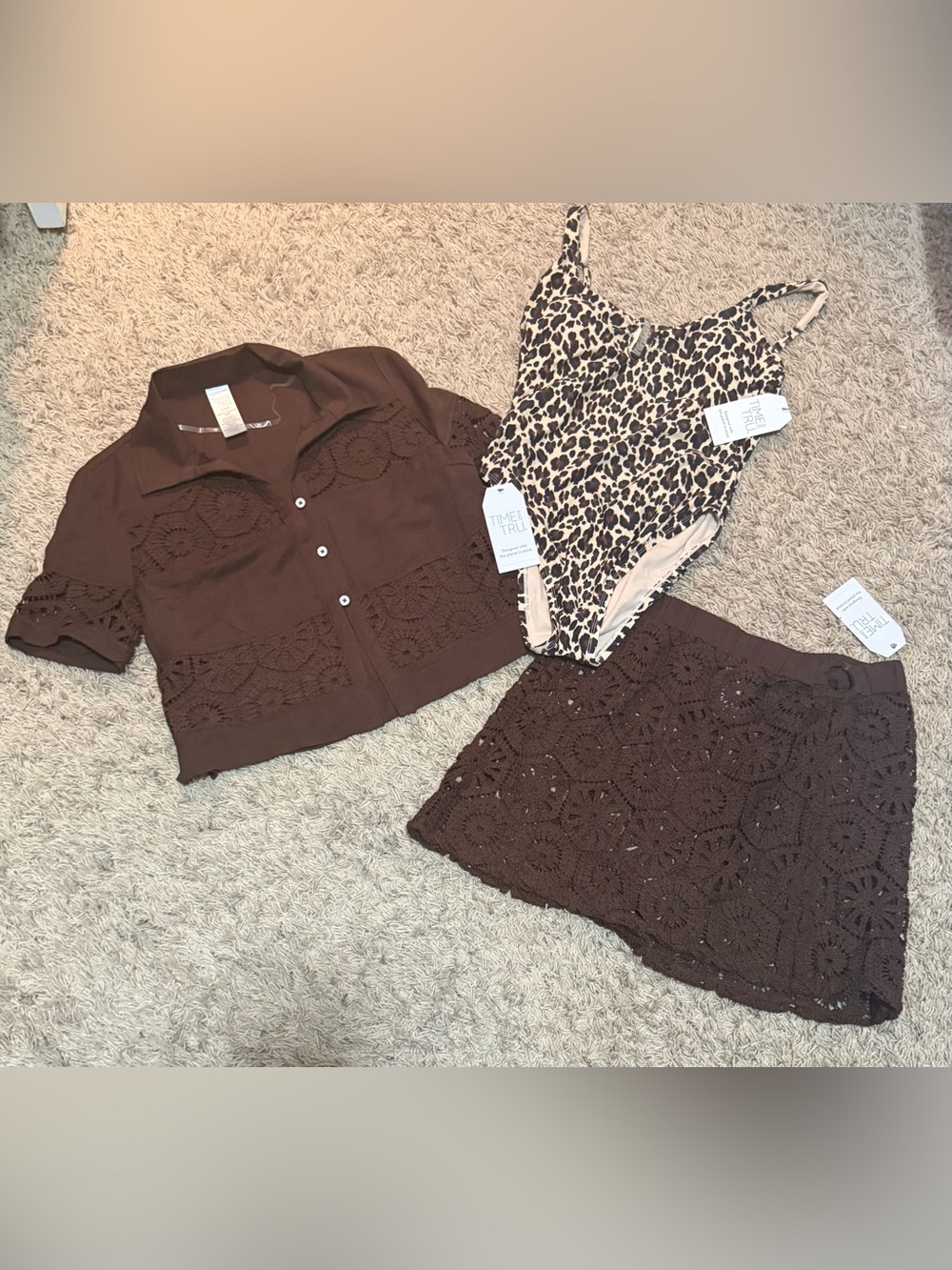 Time and Tru Crochet Coverup Top, Skirt And Cheeky Swimsuit Bundle Size: S (4-6)